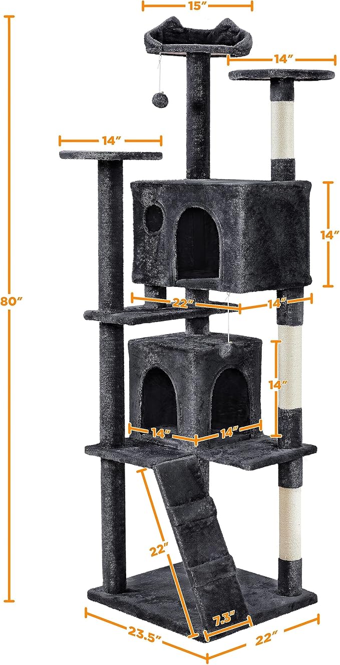 Yaheetech Larget Cat Tree, 80in Multi-Level Cat Tower with Cat Scratching Posts, Double Cat Condo, Perched Platforms and Dangling Balls, Cat Activity Center for Kittens Pet, Black