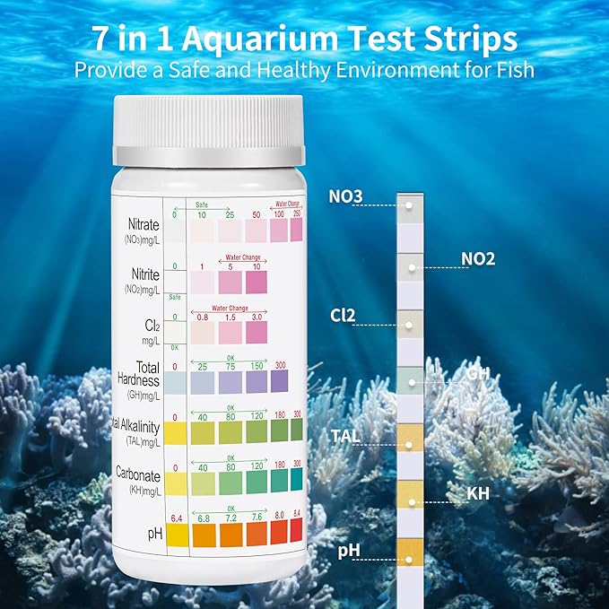 Aquarium Test Strips for Fish Tank: 7-Way 150 Strips Aquarium Water Test Kit Freshwater Testing pH Nitrate