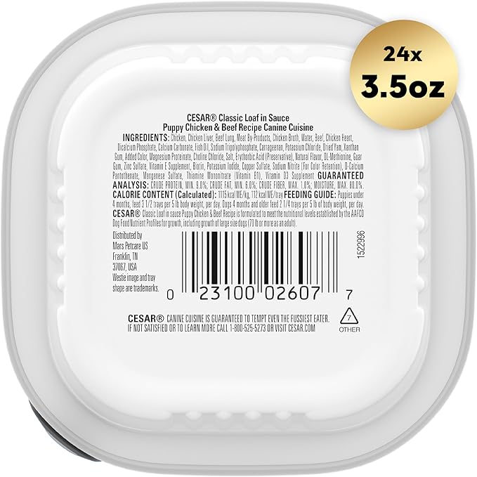 CESAR Puppy Soft Wet Dog Food Classic Loaf in sauce Chicken & Beef Recipe, 3.5 Ounce (Pack of 24) Easy Peel Trays