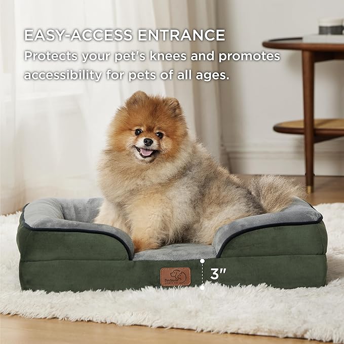 Bedsure Small Orthopedic Dog Bed - Washable Bolster Dog Sofa Beds for Small Dogs, Supportive Foam Pet Couch Bed with Removable Washable Cover, Waterproof Lining and Nonskid Bottom Couch, Dark Green