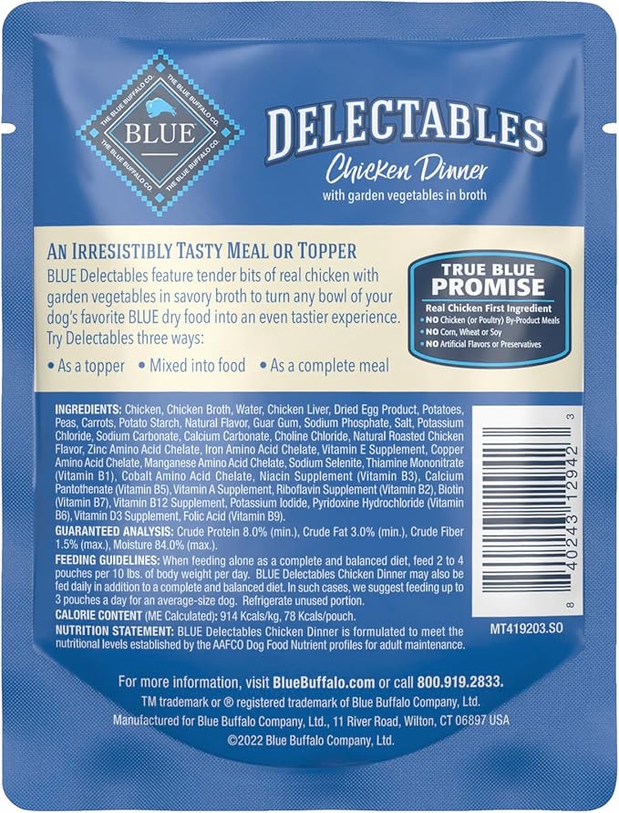 Blue Buffalo Delectables Natural Wet Dog Food Toppers, Tasty Chicken Cuts in Gravy, 3-oz. (24 Pouches)