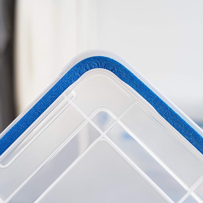 IRIS USA 60 Qt Storage Box with Gasket Seal Lid, 3 Pack - BPA-Free, Made in USA - Heavy Duty Moving Containers with Tight Latch, Weather Proof Tote Bin, WEATHERPRO - Clear/Blue