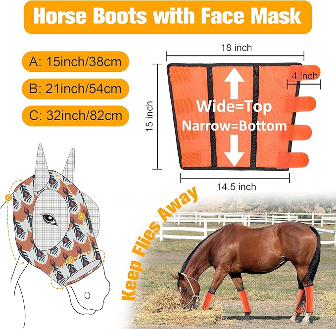 Fly Boots for Horses Set of 4 with Horse Fly Mask, Adjustable Horse Fly Boots Stops Stomping Fly Leg Wraps for Horses, Horse Leg Fly Protectors Breathable Fly Masks for Horses with Ears (Orange)