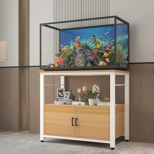 Fish Tank Stand Metal Aquarium Stand with Cabinet Accessories Storage 40-50 Gallon, Double Layer Metal with Storage Weight Capacity 760lbs, White Walnut Brown