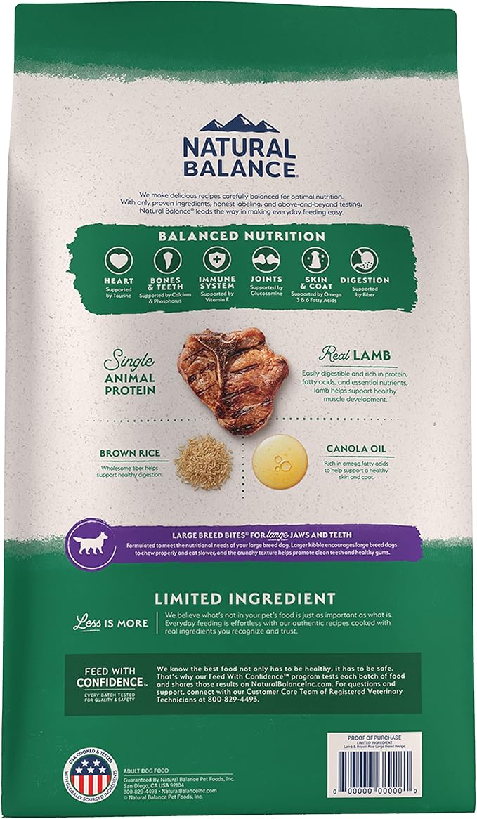 Natural Balance Limited Ingredient Large Breed Adult Dry Dog Food with Healthy Grains, Lamb & Brown Rice Recipe, 12 Pound (Pack of 1)