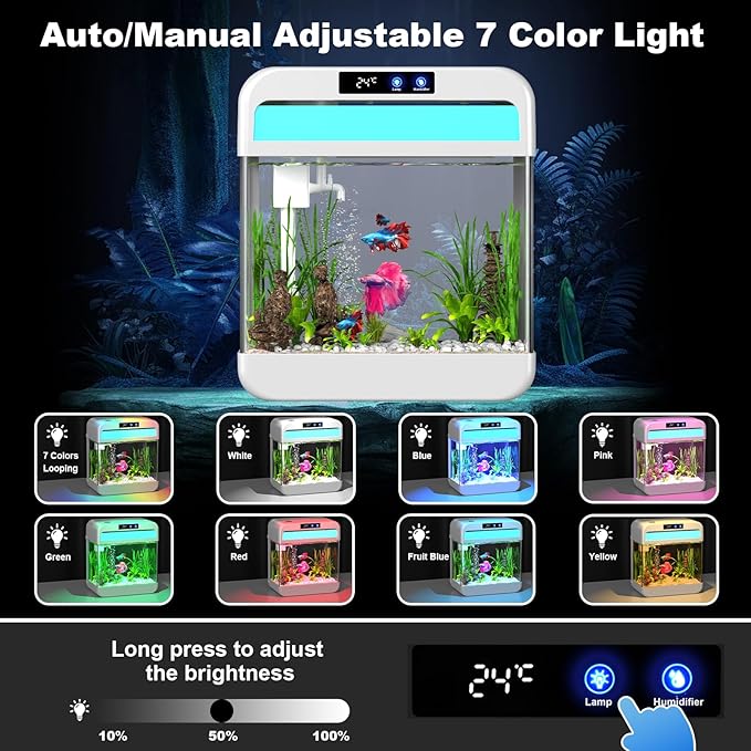 Fish Tank Aquarium 2.2 Gallon with Humidifier 7 Color Looping Light with Timer Self-Cleaning 3 in 1 Water Pump with Filteration & Oxygenation & Circulation, Temperature Display, HD Heat Bending Glass