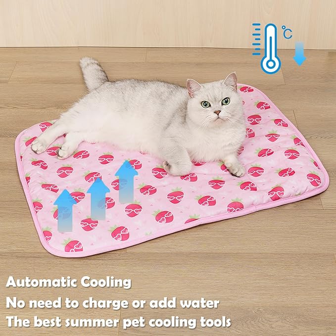 BAMY Cat Cooling Mat Summer Dog Silk Pad Self Cooling Cushion Washable Kitten Ice Blanket with Duck Strawberry Pattern (Pink Strawberry, L (39.4"x27.6"))