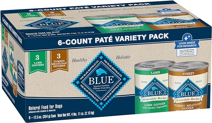 Blue Buffalo Homestyle Recipe Adult Wet Dog Food, Lamb & Turkey Variety Pack, 12.5oz cans (Pack of 6)