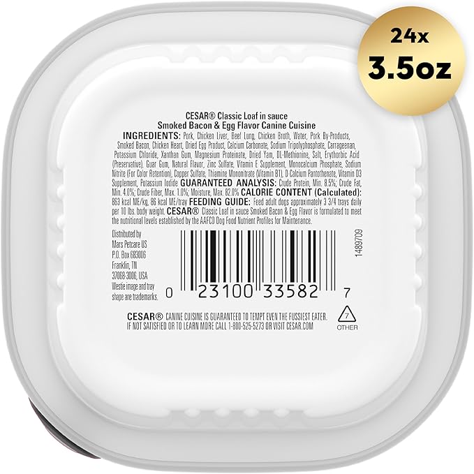 CESAR Adult Wet Dog Food Classic Loaf in Sauce Smoked Bacon & Egg Flavor, 3.5 oz. Easy Peel Trays, Pack of 24