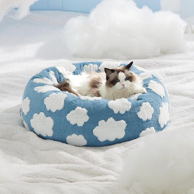 Lesure Cat Beds for Indoor Cats - Round Cat Bed Donut Small Dog Bed Calming Pet Beds, Cute Modern Beds with Jacquard Shaggy Plush & Anti Slip Bottom, 20 Inch, Blue