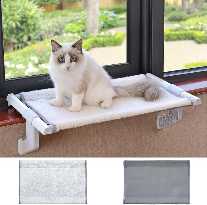 Cat Window Perch No Screws Easy to Adjust & Assemble with Reversible Washable Cover,Heavy Duty Metal Frame Cat Hammock Bed Seat Shelf for Windowsill,Ledge,Bedside for Large Cats and Kittens