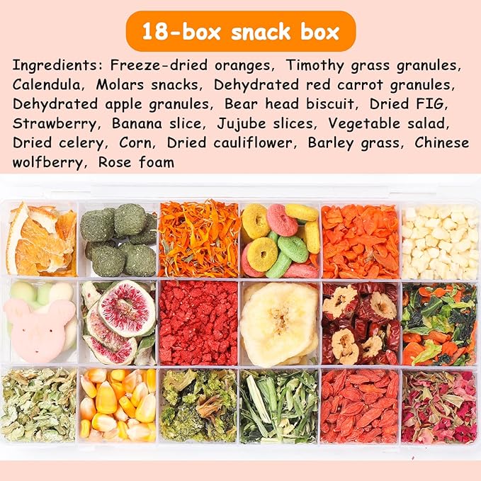 18 Grids Bunny Natural Mix Treats, Bunny Chew Toys, Guinea Pig Snacks，Healthy Bunny Treats,Rabbit Chew Toys,Small Animal Treats (Fruit+Vegetable, M)