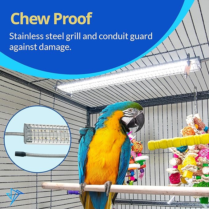 HappyBird Lighting Bird Cage Light with Chew Guard - Full Spectrum LED Pet Light - Simulates Natural Environment - Safe for Hookbill Birds – Easy to Install - (18" Long)