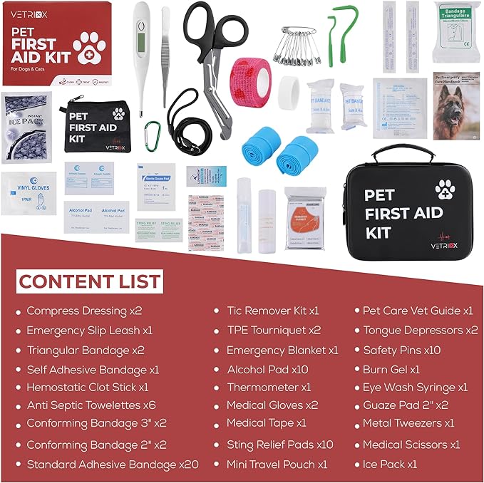 Dog first aid kit | Pet first aid kit for dogs and cats | 85 pieces with styptic clotting stick and bonus travel pouch | Dog emergency kit for home and travel | Dog medical kit (hard case)