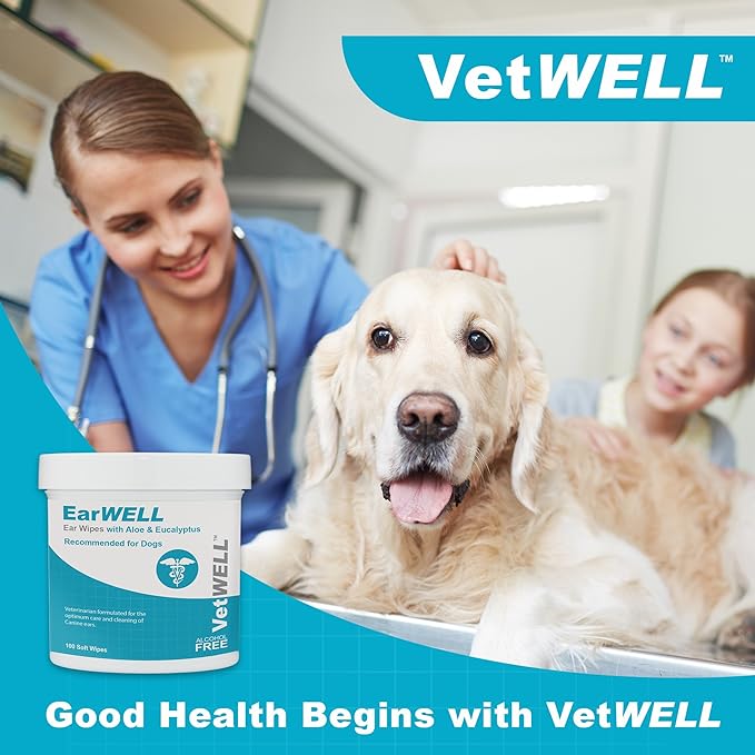 Dog Ear Wipes - Otic Cleaning Wipes for Infections and Controlling Ear Infections and Ear Odor in Pets - EarWELL by VetWELL - 100 Count