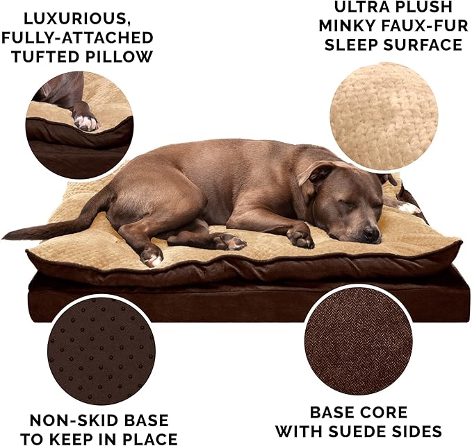 Furhaven Orthopedic Dog Bed for Large Dogs w/ Pillow Cushion Top & Removable Washable Cover, For Dogs Up to 95 lbs - Minky Plush & Suede Pillow Top Mattress - French Roast, Jumbo/XL
