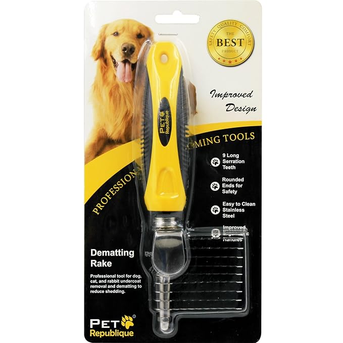 Dog Dematting Tool for Dogs and Cats - Dematting Comb Rake for Undercoat and Mat Brush - Knot Out for Dogs, Cats, Rabbits, Any Long Haired Breed Pets - Rake 9 Serration Teeth Design