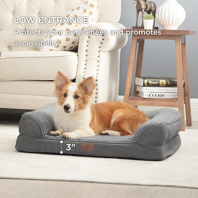 Bedsure Memory Foam Dog Bed for Medium Dogs - Orthopedic Egg Foam Dog Sofa Bed with Soft Sherpa Surface, Bolster Pet Couch with Removable Washable Cover, Waterproof Layer and Nonskid Bottom, Dark Grey