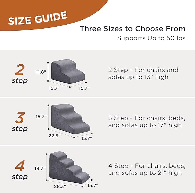 Lesure Dog Stairs for Small Dogs - Dog Ramp for Couch with CertiPUR-US Certified Foam, Pet Steps with Non-Slip Bottom for Old Cats, Injured Doggies and Puppies, Grey, 2 Steps