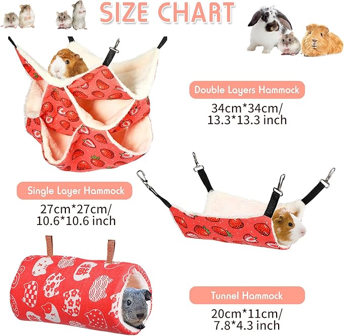 3 Pieces Small Pet Hammock Tunnel Ferret Hammock Hamster Nest Bed Glider Guinea Pig Ferret Hammock Set for Small Pets (Strawberry)