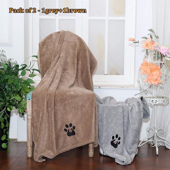 Extra Large Dog Towels for Drying Dogs - Pack of 2 - Super Absorbent Soft Microfiber Pet Bath Grooming Towel for Dogs and Cats & Other Pets (XL-55" * 36", Grey and Brown)