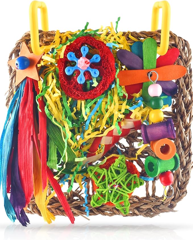 ERKOON Bird Cockatiel Toys Foraging Toys Hanging Parrot Toys for Lovebrid Parakeets Conures Bird Foraging Wall with Colorful Toys for Birds Shredding Seagrass, Birds Cage Toy Accessories