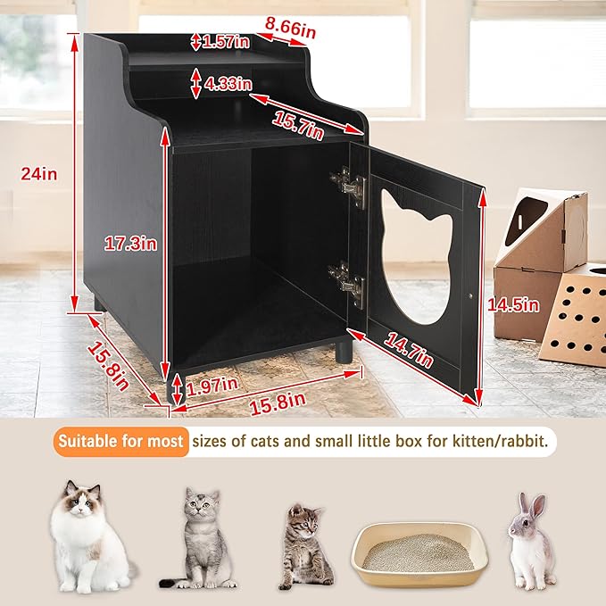 DOUSY- Small Wooden Cat Litter Box Enclosure, Hidden Litter Box Furniture Enclosed Cat Washroom Storage Cabinet, Side Table, Nightstand, Indoor Pet House 15.8 x 15.8 x 24 Inches, Black