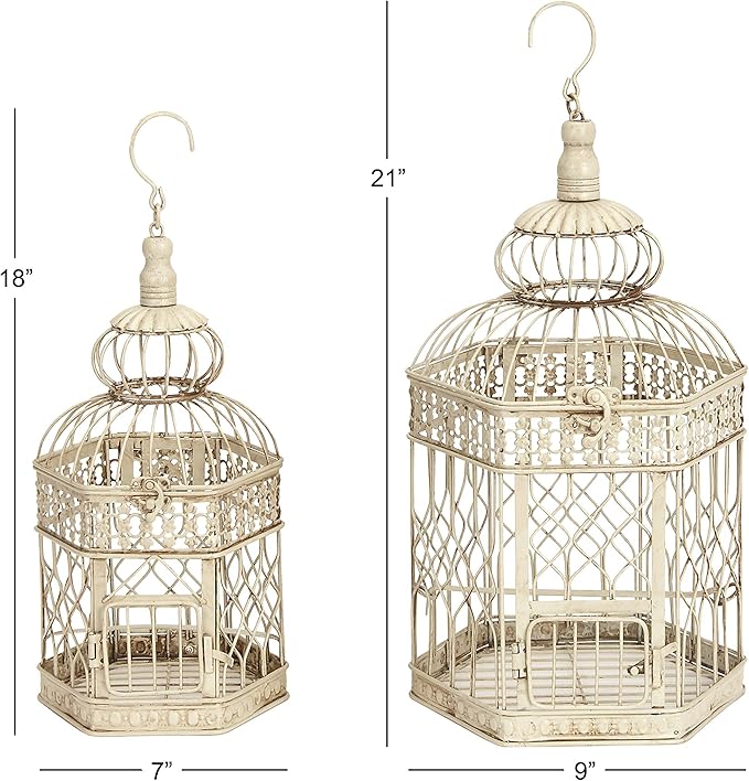 Deco 79 66520 Inch, Set of 2 Metal Bird Cage, 21", 18"H, Cream, 2 Count