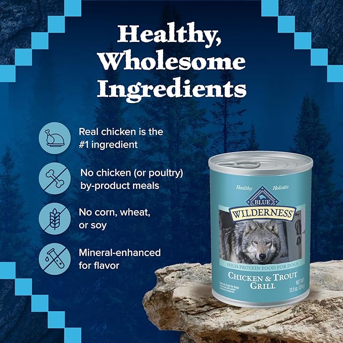 Blue Buffalo Wilderness Adult Wet Dog Food, High-Protein & Grain-Free, Made with Natural Ingredients, Chicken & Trout Grill, 12.5-oz. Cans, 12 Count