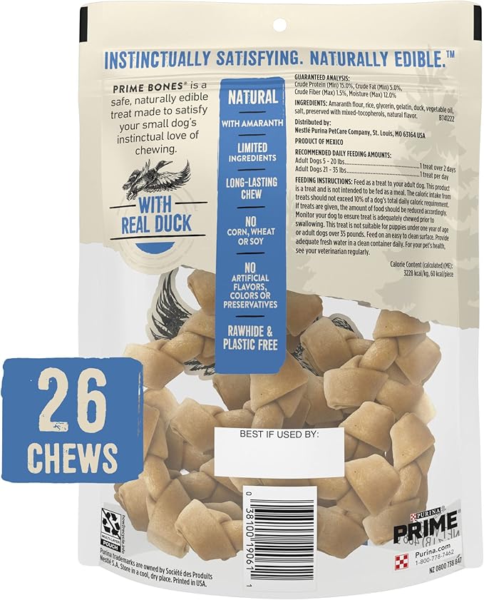 Prime Bones Purina Mini Knotted Chews Rawhide Free, Natural Dog Treats with Real Duck - 26 ct. Pouch, 16.5 oz