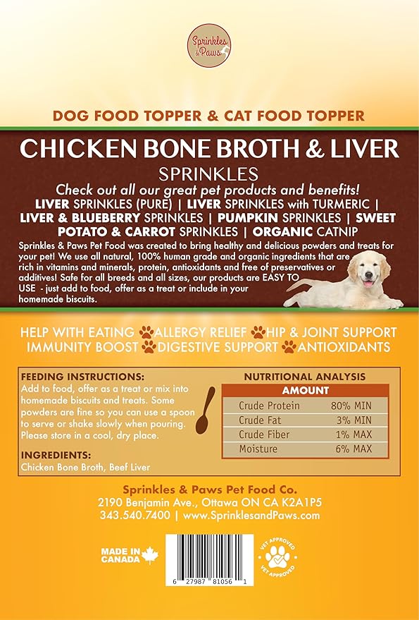 Sprinkles & Paws Chicken Bone Broth and Beef Liver Powder for Dogs | Dog Food Topper Helps Eating and Appetite | All Natural Free of Preservatives Rich in Protein and Vitamins