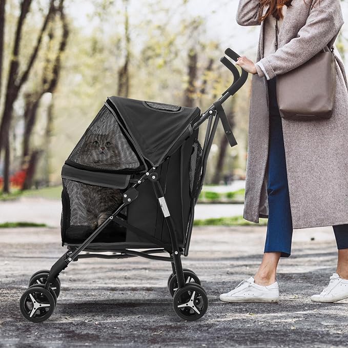 MoNiBloom 4 Wheels Pet Stroller, Easy-Fold Puppy Cage Jogger Stroller with Sun Cover, Pad and Rear Storage Bag, Breathable and Visible Mesh for Small/Medium Pets up to 22 lbs, Balck