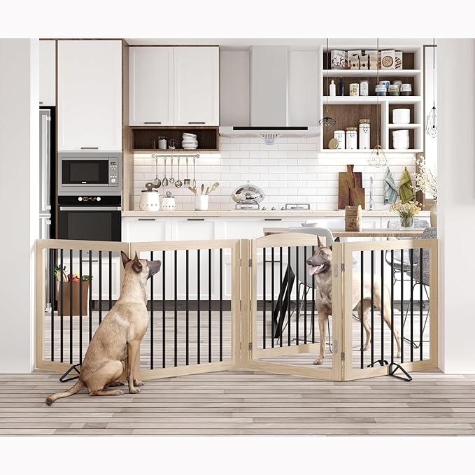 Folding Pet Gate 96" Wide, 30" Tall No-Assembly Wooden Dog Gate with Door Walk Through, Freestanding Pet Gate, Puppy Safety Fence, with 2PCS Support - Natural White