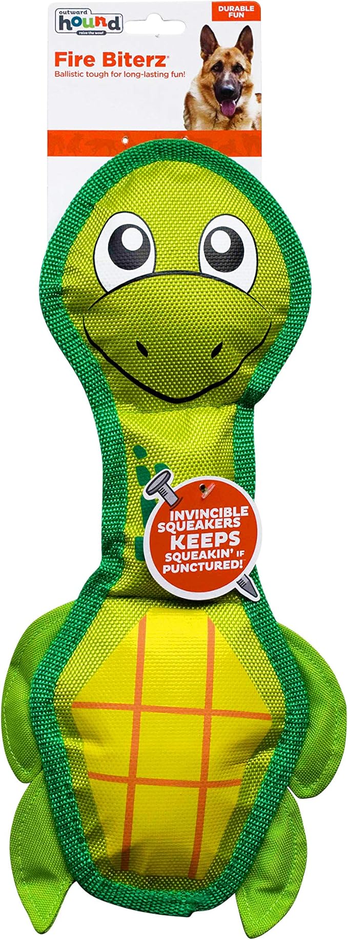 Outward Hound Fire Biterz Turtle Plush Firehose Material Interactive Dog Toy, Medium