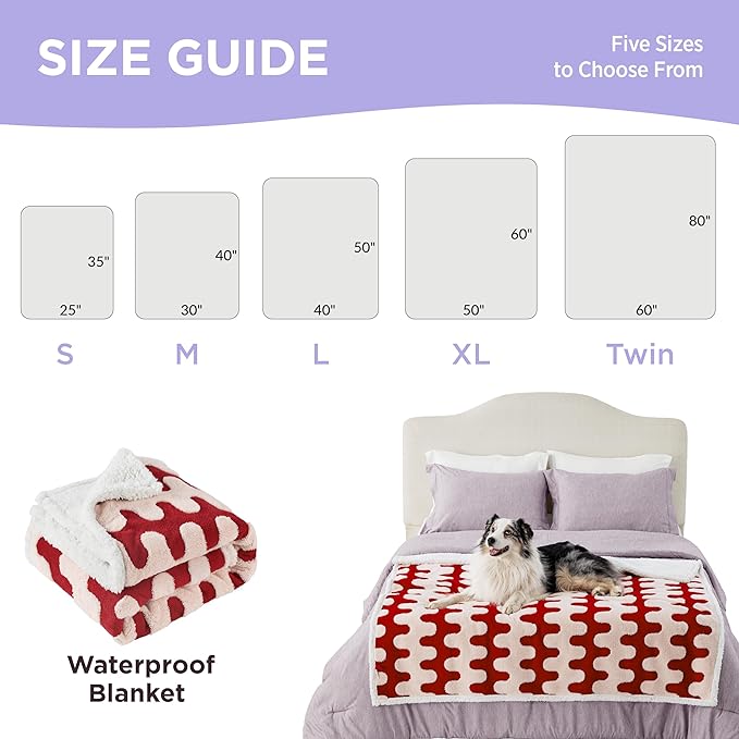 Lesure Waterproof Puppy Blanket for Small Dogs - Washable Double Sided Dog Blankets with Warm Jacquard Shag and Soft Sherpa Fleece, Pet Cat blanket for Couch Protection, 3D Textured Wave, Red