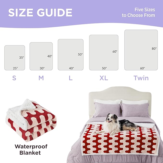 Lesure Waterproof Dog Blanket for Large Dogs - Washable Double Sided Dog Blankets with Warm Jacquard Shag and Soft Sherpa Fleece, Pet Cat blanket for Bed Protection, 3D Textured Wave, Red