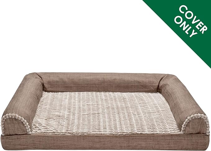 Furhaven Replacement Dog Bed Cover Luxe Faux Fur & Performance Linen Sofa-Style, Machine Washable - Woodsmoke, Medium