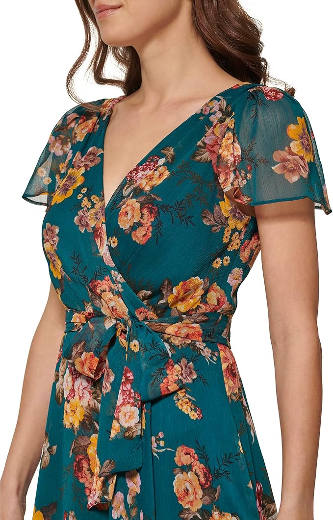DKNY Women's Short Sleeve Asymmetrical Hem Faux Wrap Dress