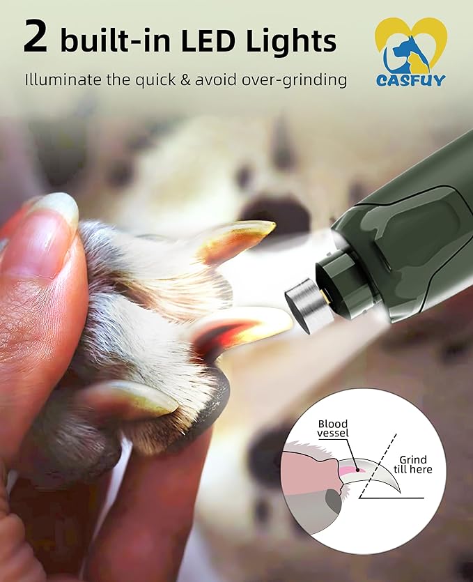 Casfuy Dog Nail Grinder Quiet - (45db) 6-Speed Pet Nail Grinder with 2 LED Lights for Large Medium Small Puppy Dogs/Cats, Professional 3 Ports Rechargeable Electric Dog Nail Trimmer with Dust Cap