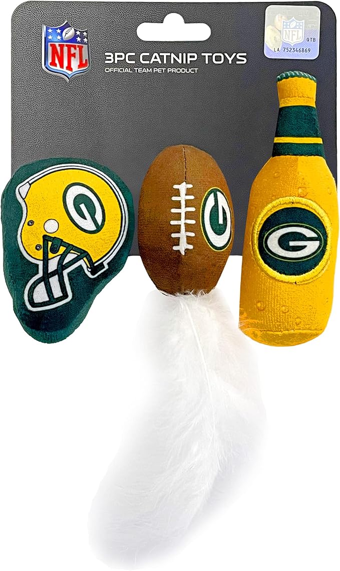 BEST PLUSH CAT TOY - NFL GREEN BAY PACKERS Complete Set of 3 piece Cat Toys filled with Fresh Catnip. Includes: 1 Helmet Cat Toy, 1 Football Cat Toy with Feathers & 1 Beer Bottle. Beautiful Team LOGOS