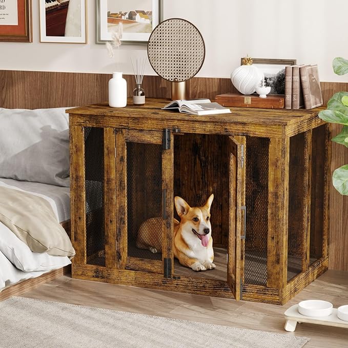 Irontar Dog Crate Furniture with Cushion, Double-Door Dog Crate for Small to Large Dogs, Wooden Dog Kennel Table, End Table Dog House Furniture, Dog Cage Indoor, Rustic Brown MGW001X-1