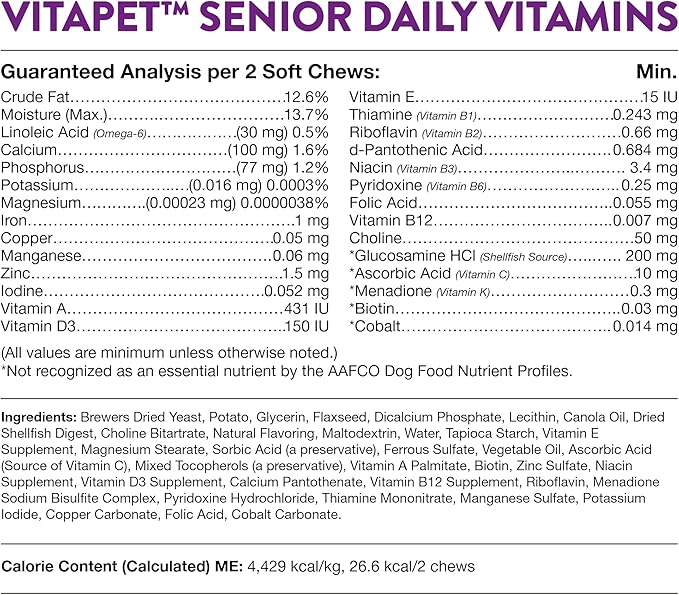 NaturVet VitaPet Senior Daily Vitamins Plus Glucosamine for Dogs, 60 ct Soft Chews, Made in The USA with Globally Source Ingredients