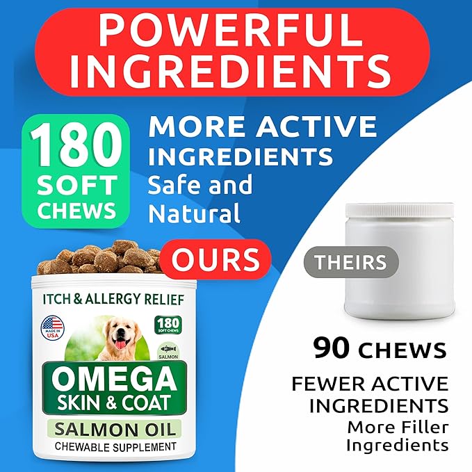 Omega 3 for Dogs and Cats - 180 Fish Oil Treats for Dog Shedding, Skin Allergy, Itch Relief, Hot Spots Treatment - Joint Health - Skin and Coat Supplement - EPA & DHA Fatty Acids - Salmon Oil - Bacon