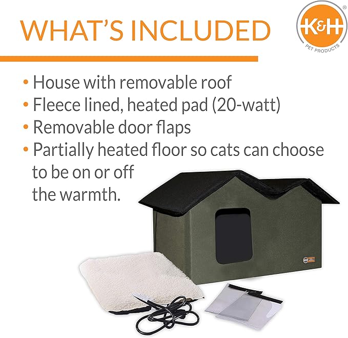 K&H Pet Products Outdoor Heated Cat House Extra-Wide Cat Shelter for Two, Olive, 26.5 X 21.5 X 15.5 Inches