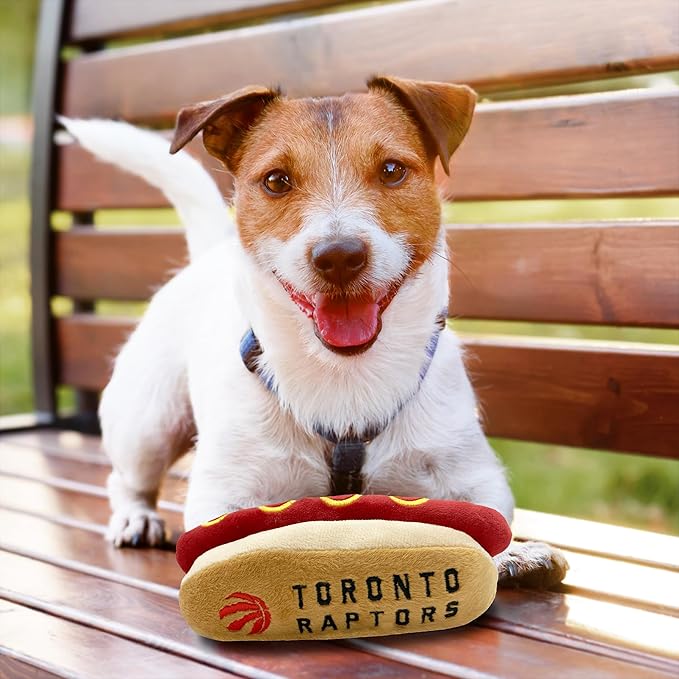 Pets First NBA Toronto Raptors HOT Dog Plush Dog & CAT Squeak Toy - Cutest HOT-Dog Snack Plush Toy for Dogs & Cats with Inner Squeaker & Beautiful Basketball Team Name/Logo