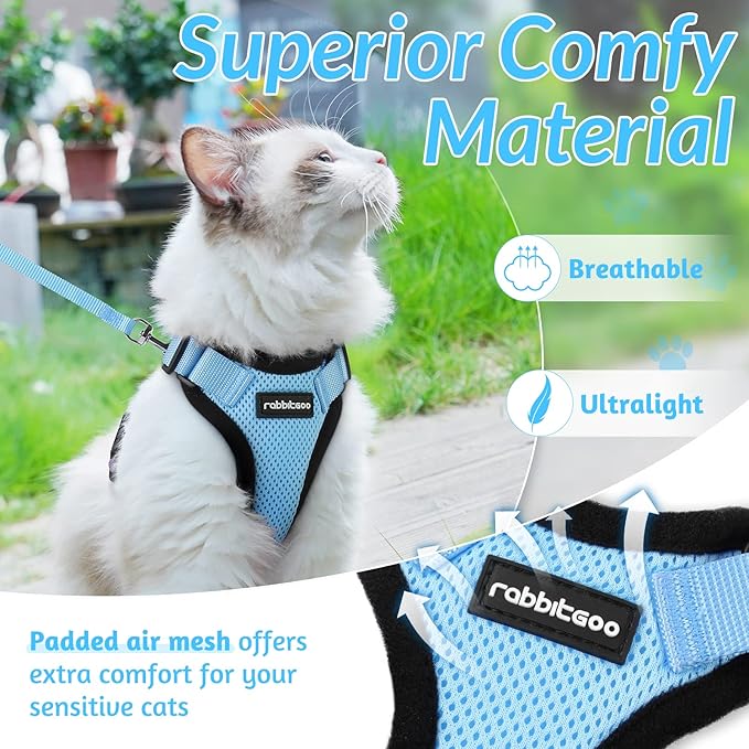 rabbitgoo Cat Harness and Leash for Walking, Escape Proof Soft Adjustable Vest Harnesses for Cats, Easy Control Breathable Reflective Strips Jacket, Light Blue, XS