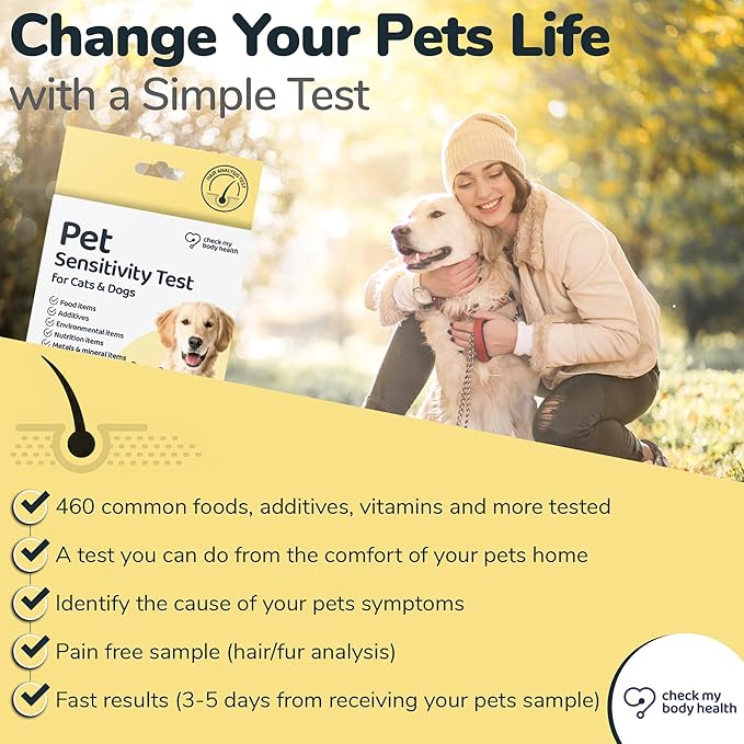Check My Body Health Pet Sensitivity Test for Cats or Dogs, Easy to Use at Home Food Sensitivity Test for Cats & Dogs, 460 Different Intolerances Tested, Hair Analysis Testing Kit, Results in 5 Days