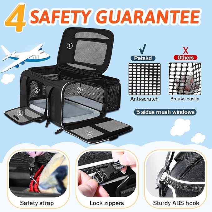 Top and Side Expandable Pet Carrier 17x11x9.5 Inches Alaska Airline Approved, Soft-Sided Carrier for Small Cats and Dogs with Locking Safety Zippers and Anti-Scratch Mesh(Black)