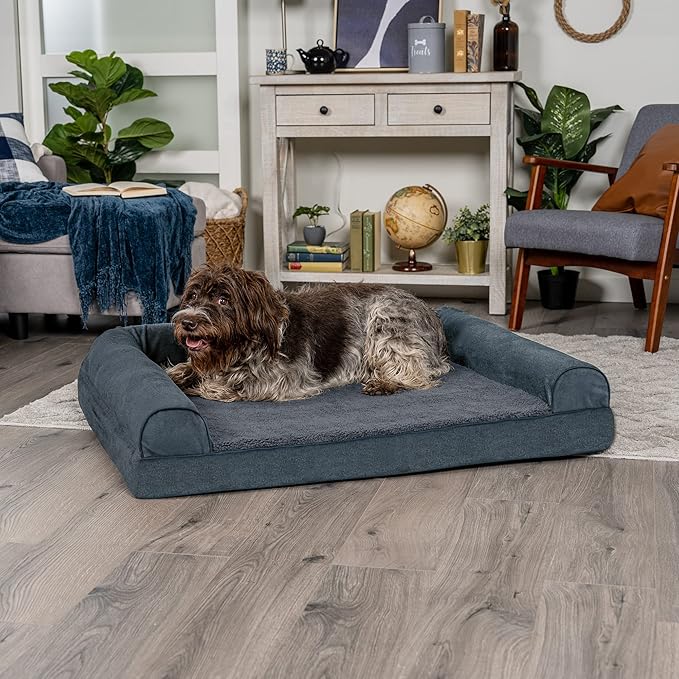 Furhaven Memory Foam Dog Bed for Large Dogs w/ Removable Bolsters & Washable Cover, For Dogs Up to 95 lbs - Sherpa & Chenille Sofa - Orion Blue, Jumbo/XL