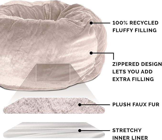 Furhaven Soft & Cozy Dog Bed for Large Dogs, Refillable w/ Removable Washable Cover & Liner, For Dogs Up to 95 lbs - Plush Faux Fur Bean Bag Style Ball Bed - Shell (Pink Tan), XL/Jumbo